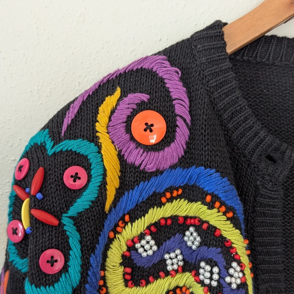 Vivian Wang | Kitty Hawk | 80s | Embroidered Beaded Multicolored Cardigan - Picture 4 of 9